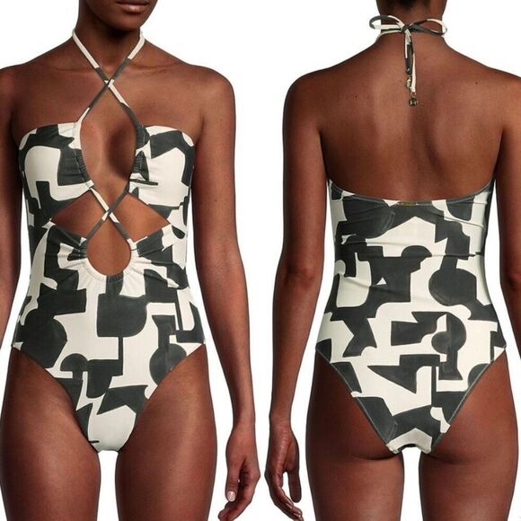 Milly Cabana Modern Geo Print Looped Cutout One-Piece Swimsuit Women’s Large - Picture 1 of 15